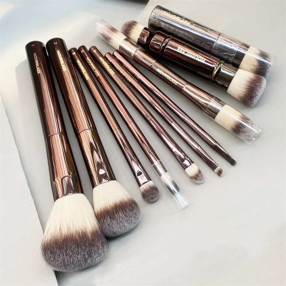 Hourglass Makeup Brushes Set - 10-pcs Powder Blush Eyeshadow Crease Concealer eyeLiner Smudger Metal Handle Brushes