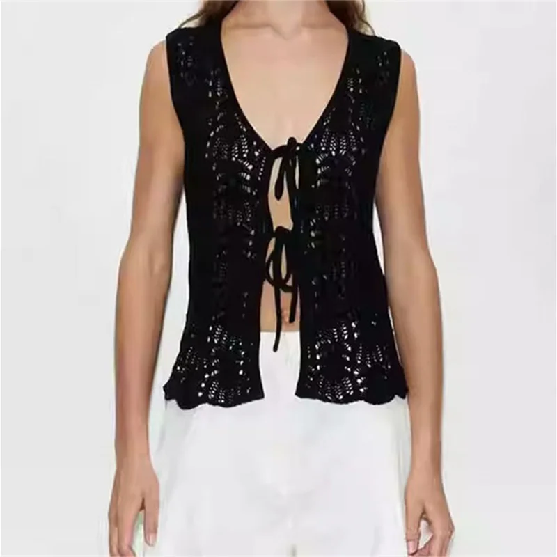 

Женские свитера, Новинка лета 2024, эластичный вязаный кардиган с вырезами, топ без рукавов на шнуровке, женский жилет, трикотажная одежда