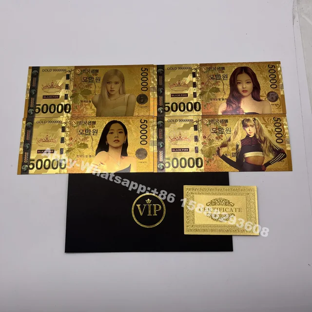 4 Models Korean Music Kpop Group Bands Girls Black;Pink Gold Foil Banknote Lisa /Jisoo/ ROSE/Jennie Cards for Fans Collection