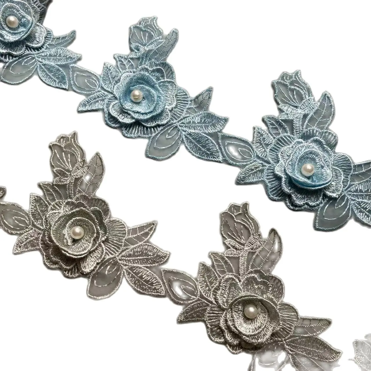 

10X Gray Rose Flower Leaf Pearl Lace Trim Applique Trimming Ribbon Embroidered Fabric Sewing Craft Handmade Wedding Decoration