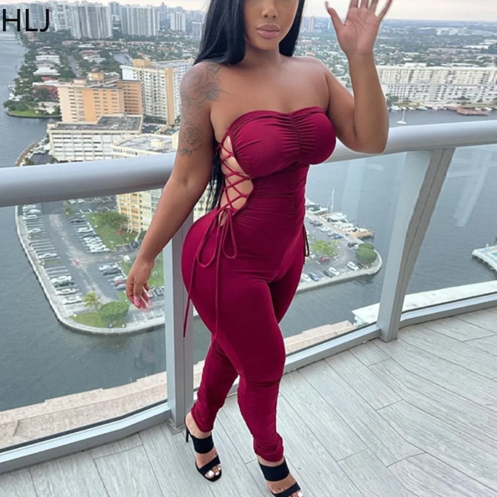 HLJ Sexy Solid Color Ruched Side Bandage Bodycon Tube Jumpsuit Women Sleeveless Backless Slim Playsuit Female Overall Streetwear