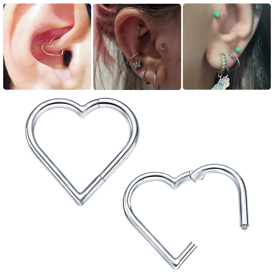 

1PC Steel Daith Heart Earring Hoop Cartilage Tragus Helix Rings Hinged Segment Hoop Nose Septum Piercings Nariz Women Jewelry