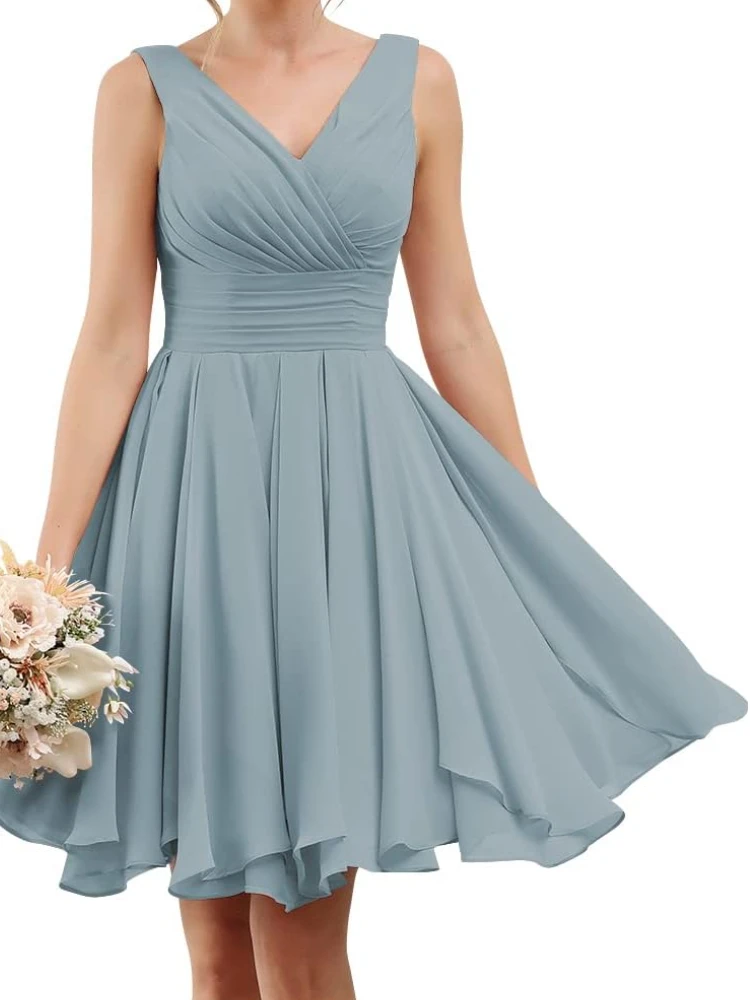 

Elegant Simple V Neck Sleeveless Chiffo Bridesmaid Dresses Euramerican Popular Slim A-line Short Vestidos Backless Straps Gown