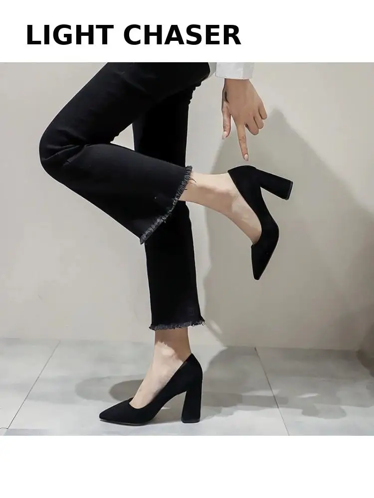 Spring Autumn New Pointed Toe Shallow Mouth Suede Single Shoes Thick Heel Women's High Heels Mid-heel All-match Work Shoes Women