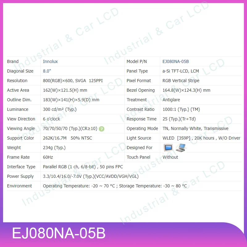 새로운 EJ080NA-05B 오리지널 8인치 LCD 디스플레이 스크린 패널 EJ080NA 05B 800x600