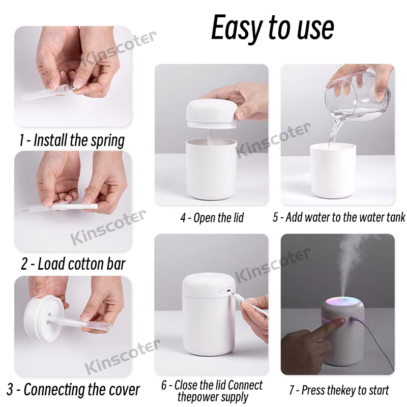 Kinscoter 휴대용 미니 USB 아로마 디퓨저 쿨 미스트 침실 가정용 차량 식물 정화기 공기 가습기 300ml H2O