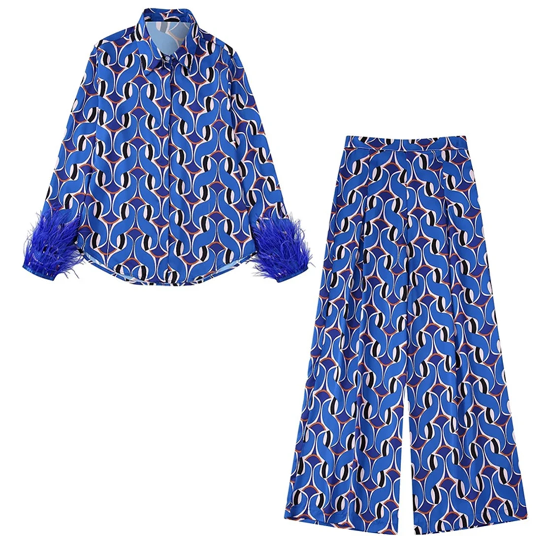 

Withered 2023 Fashion Harem Pants Women Ins Blogger Retro Geometric Printing Feather Loose Blouse Sets