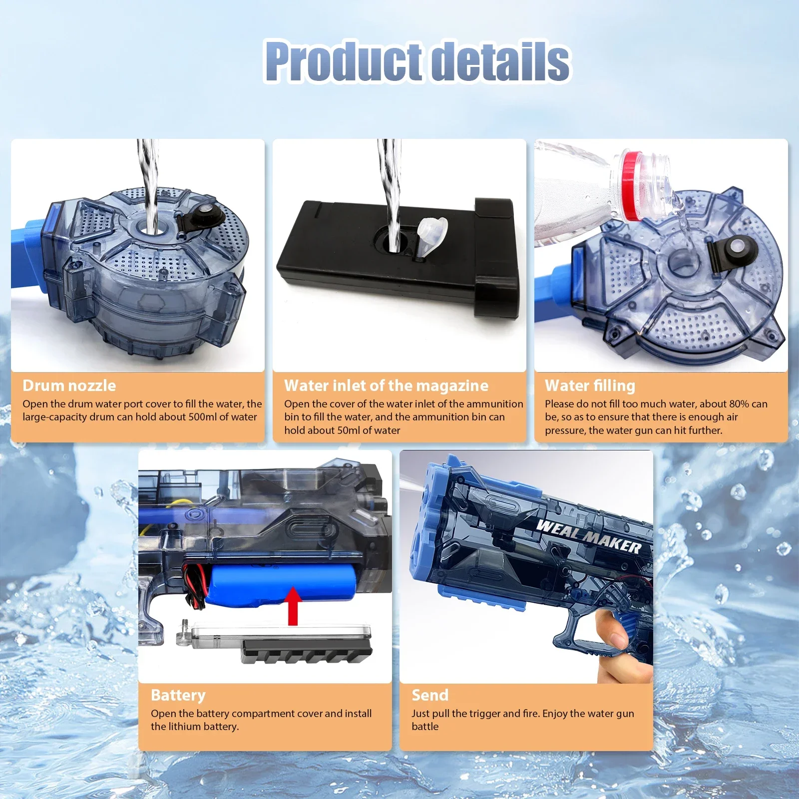 Electric Water Pistol Toy Automatic Strong Glock With Light Laser Squirt Water Gun Spray Blaster Summer Pool Toys for Kids Adult 5