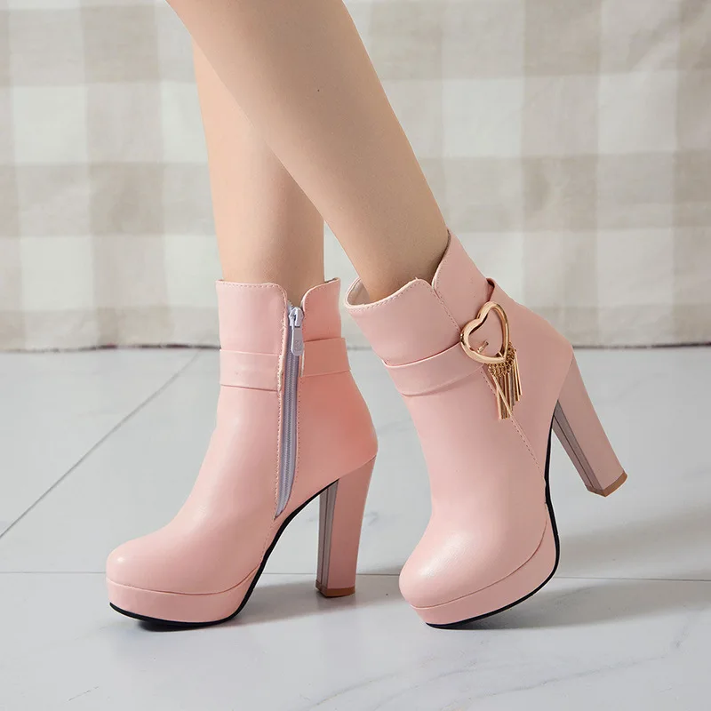 Elegant High Heel Ankle Boots Women Boots Platform High Heel Shoes Autumn Winter Zip Buckle Ladies Short Boots Party Shoes 34-43