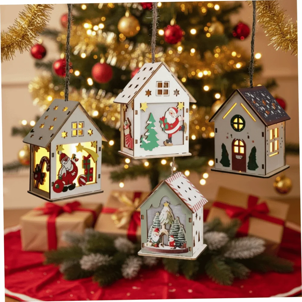Creative Colorful Christmas LED Light Wooden House Cute Mini Wooden Luminous Huts Decorative Luminous Cabin Holiday Decoration