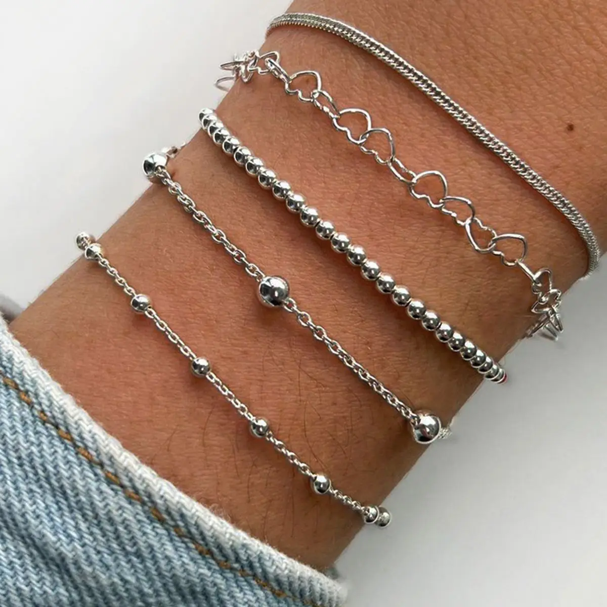 Classic Love Heart Beaded Set Combination Bracelet Women Vintage Handmade Geometric Metal Chain Bracelet Jewelry Bouton Pression