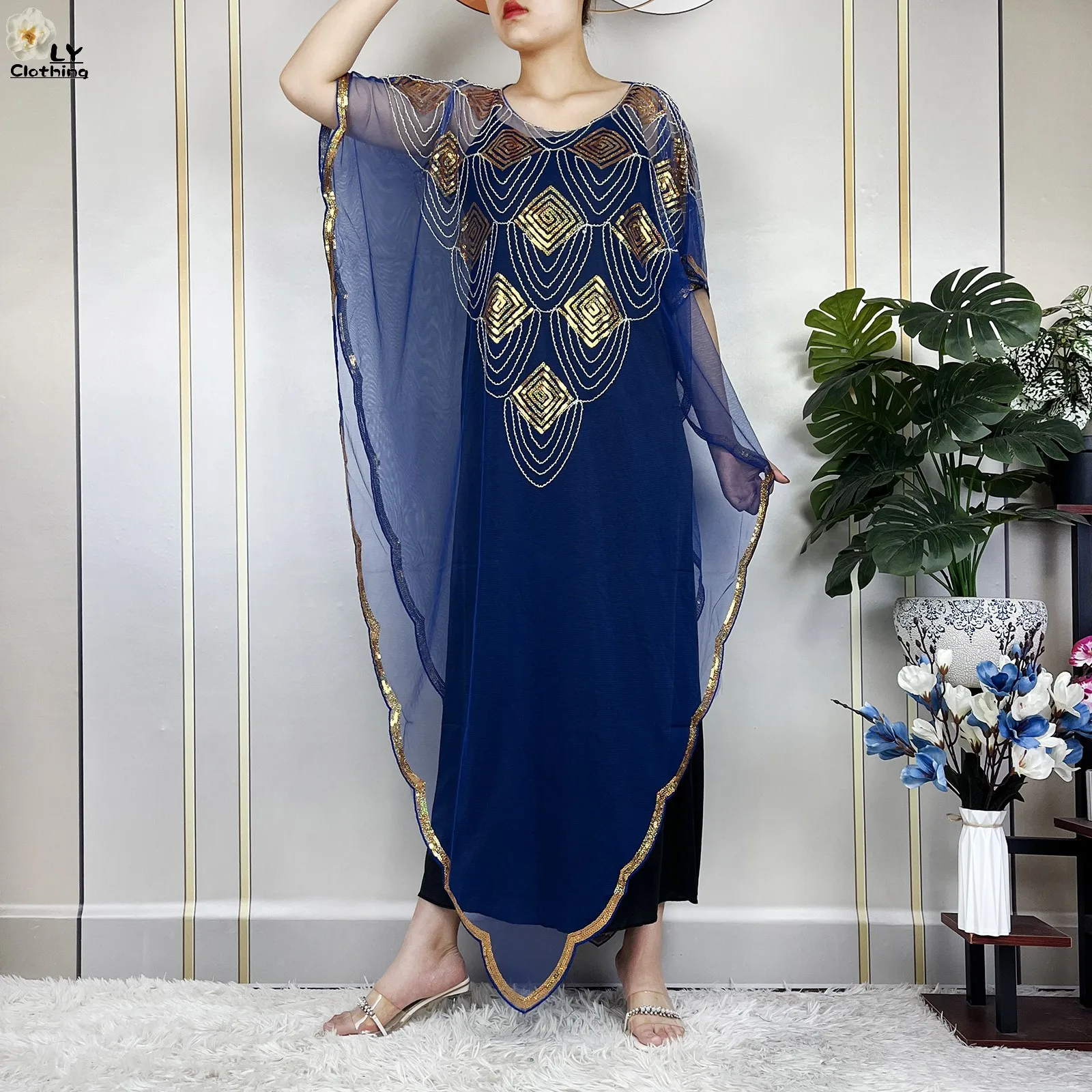 New Summer African Women's Fashion Gown Chiffon 2023 Muslim Dubai Batwing Sleeve Sequins And Fringes Loose Femme Versatile Dress