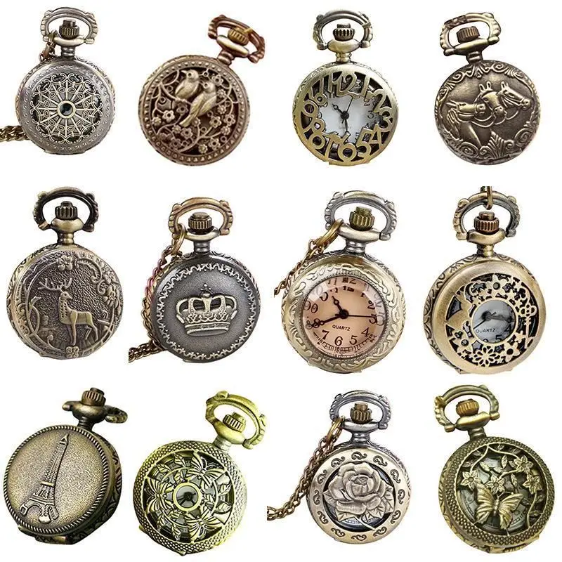 Vintage Pocket Small Watch Steampunk Quartz Watch With Chain Hollow Heart Cover Necklace Bronze Color Alloy Fob Clock Men Gift