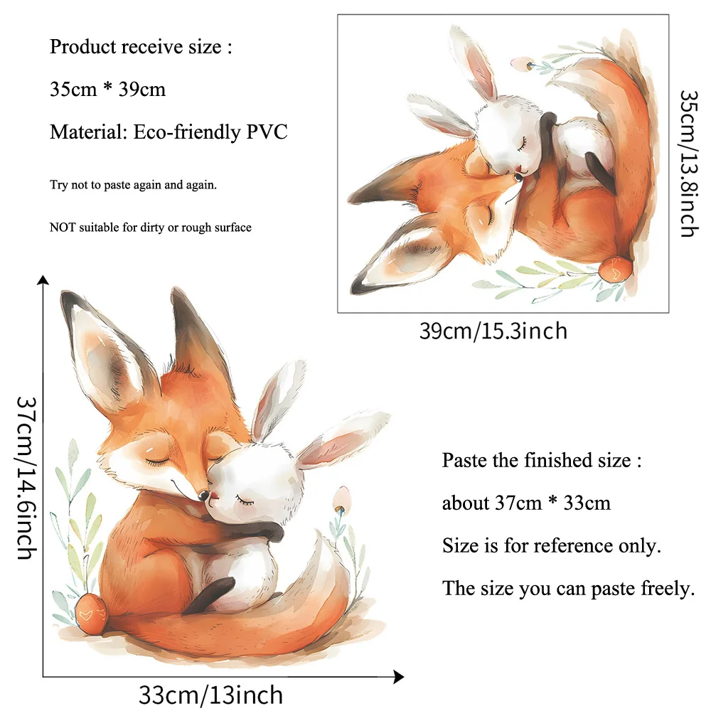 Cartoon Fox Rabbit Embrace Wall Sticker Kid Room Bedroom Background Decoration Mural Home Decor Cute Animal Self-adhesive Decals Wall stickers luminous wall stickers vinyl decal stickers children room decoration