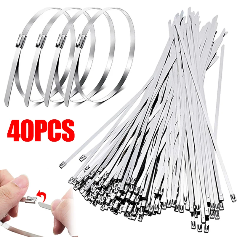 20/40Pcs Stainless Steel Cable Tie 200/250/300mm Exhaust Wraps Coated