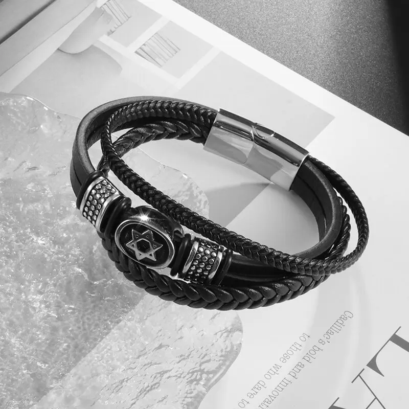 European and American Fashion Stainless Steel Star of David Multilayer Leather Braid Bracelet Men's Charm Amulet Jewelry bracelet jewelry