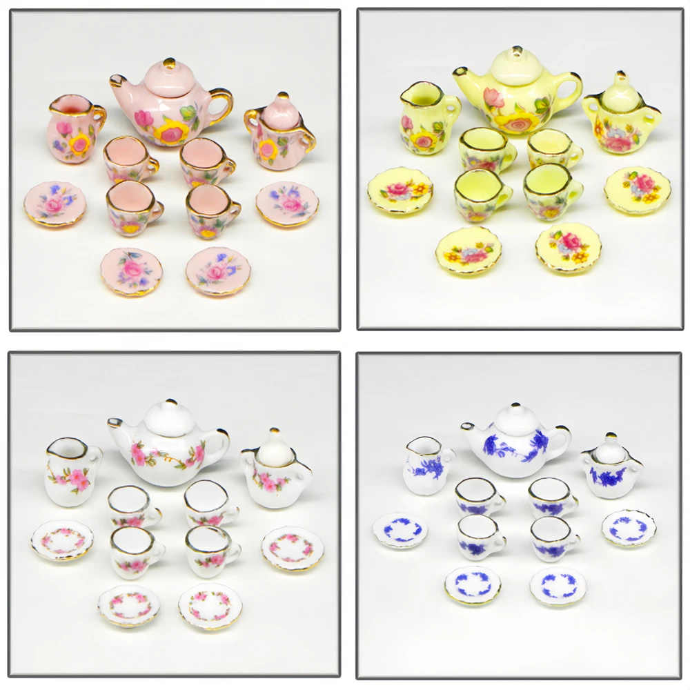 15Pcs/set Teapots Tea Game Model Miniature Dollhouse Furniture Porcelain Cups Flower Tableware Kitchen Chinese style Girls Toys 6