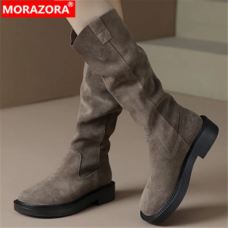 MORAZORA 2024 New Arrive Cow Suede Women Boots Winter Knee High Boots Ladies Thick Med Heels Slip On Platform Shoes
