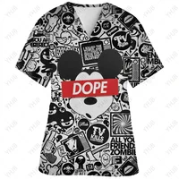 Women Short Sleeve Nurse Uniform Hospital Workers Disney Minnie Mickey Print Graphic T-Shirt V-Neck Tops Kawaii Working Uniform 2