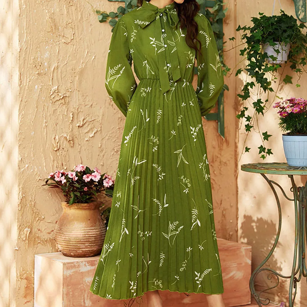 Long Sleeve Printed Bow Round Neck Chiffon Dress For Women Spring New Ruffled Ribbed High Waist Robe Elegant Muslim Party Dress
