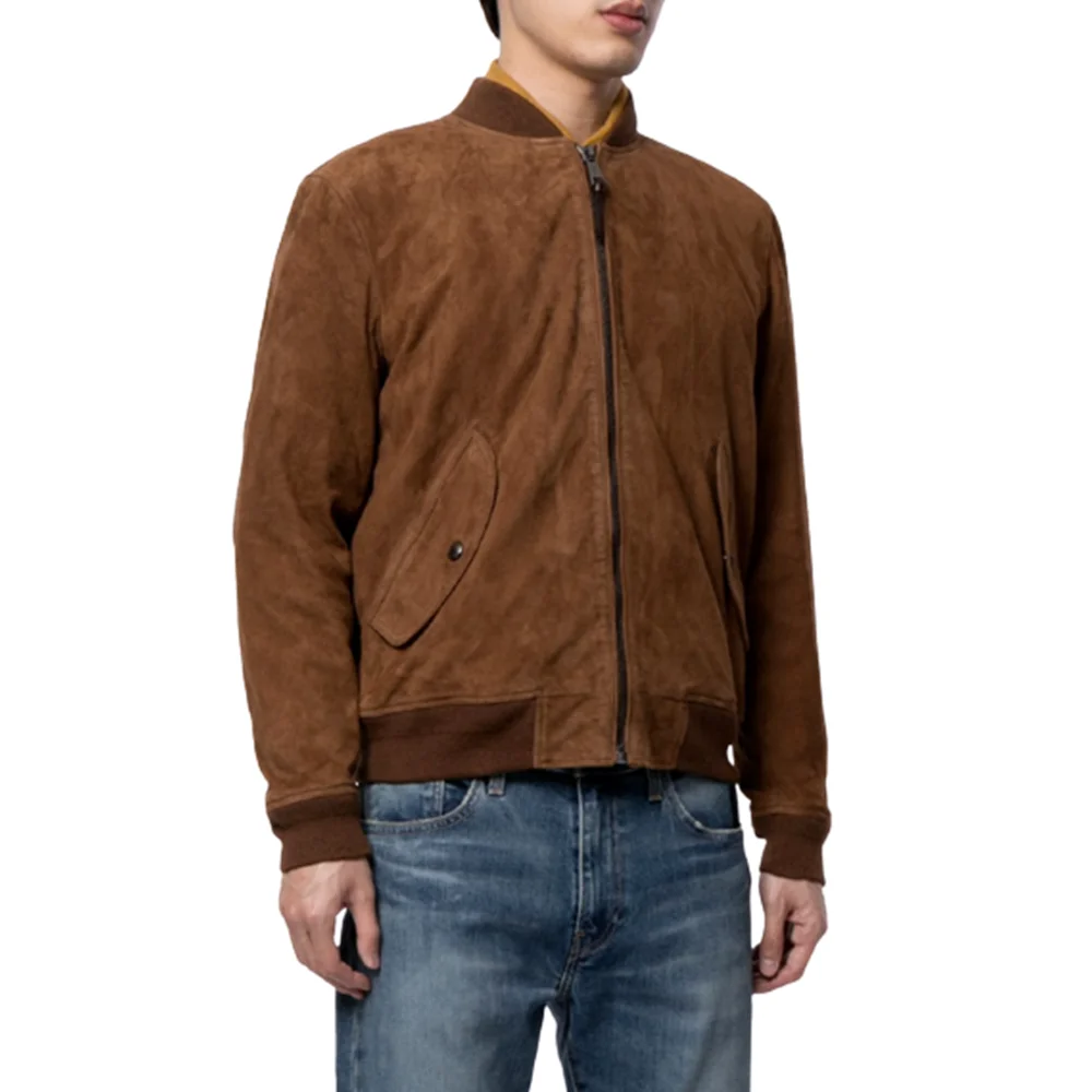 Men Brown Vintage Suede Leather Jacket Slim Fit Bomber Biker Jacket Genuine Leather Coat