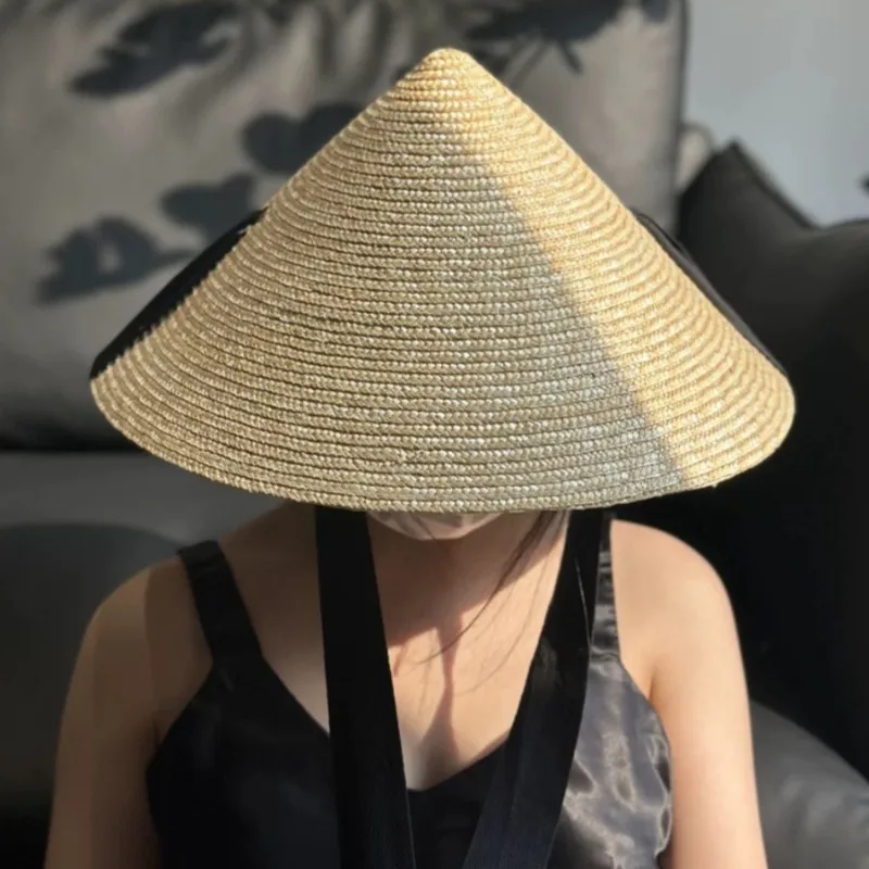 French The Pointed Top Natural Wheat Straw Sun Hats Womens Retro