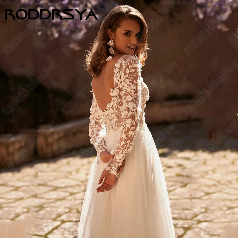 RODDRSYA A Line Bride Wedding Dresses Long Sleeve Applique Backless Lace Boho Bridal Gown Vestido