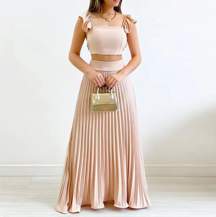 Skirts Set Women 2 Piece Solid Color Short Tank Top New Summer High Waist Pleated Half Long Skirt Casual Style Fashion Skirt Set