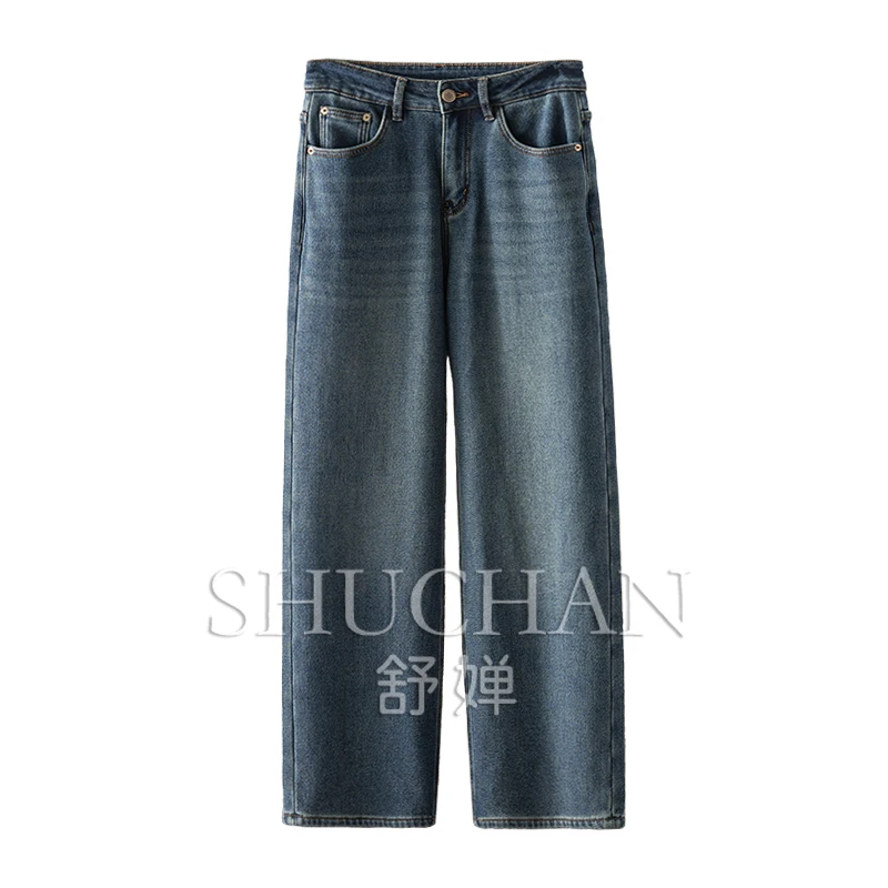 SHUCHAN streetwear women  pantalon pour femme  denim  high waisted jeans  Full Length  Casual  Zipper Fly  Thicken
