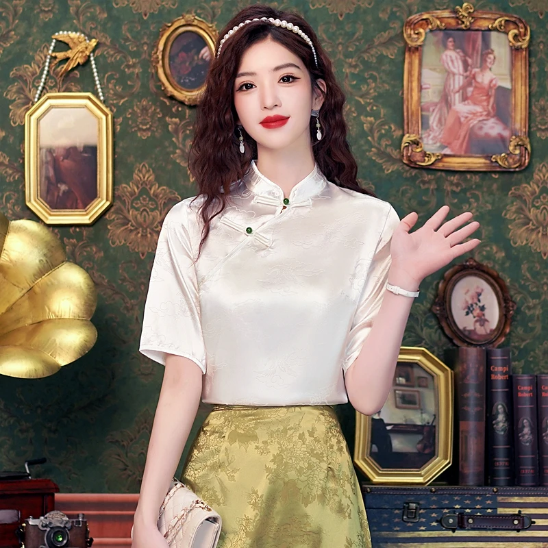 여성용 자카드 블라우스 셔츠 상의, 중국 스타일, 반팔, 흰색 블라우스, 2024 베라노, H555, 새로운 패션