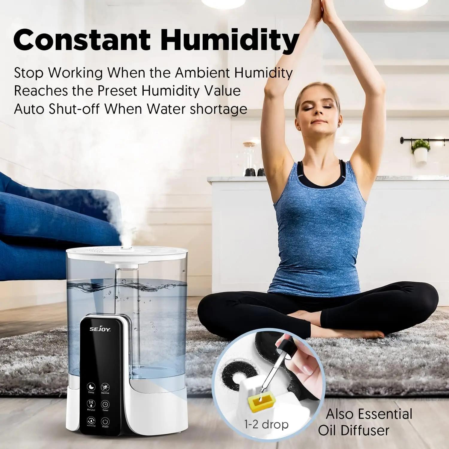SEJOY Humidifier for Bedrooms, Large Rooms and Babies, Ultrasonic Cool Mist Top Fill Desk Humidifier Rotating Nozzle Silent 6