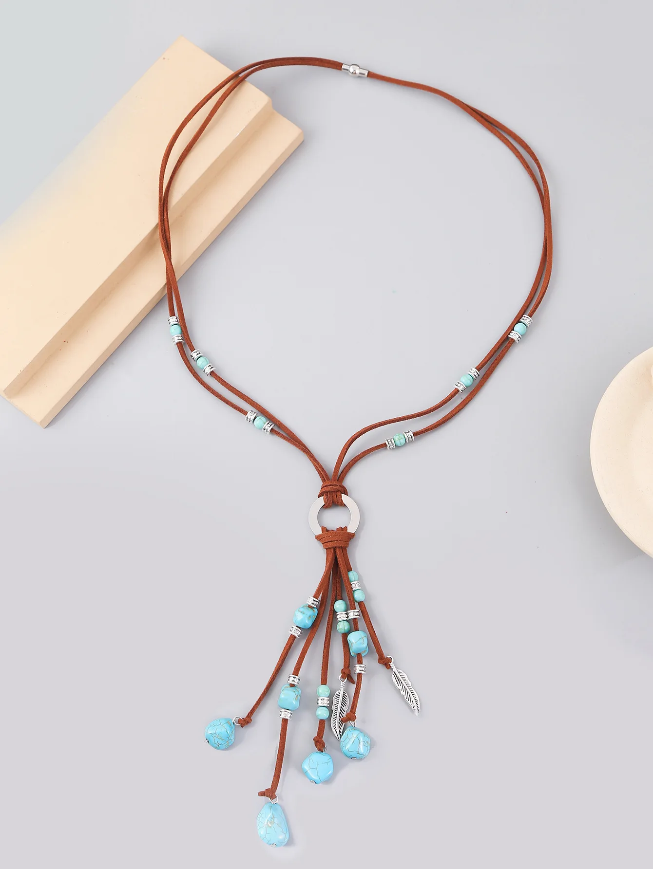Bohemian Style Genuine Leather Sweater Chain Necklace for Women Irregular Blue Stone Pendant Long Necklace Boho Jewelry Gifts - Image 5
