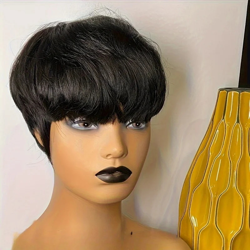 Pixie cut wig with bangs Brazilian Remy human hair natural black short bob style full machine made human hair wigs