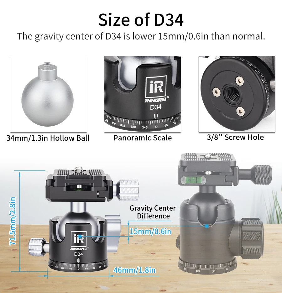 Description Picture 6 of itemINNOREL Professional Tripod Ball Head Low Gravity Center 360 Panoramic CNC 28mm/34mm Ball for Tripod monopod Load 10kg/15kg