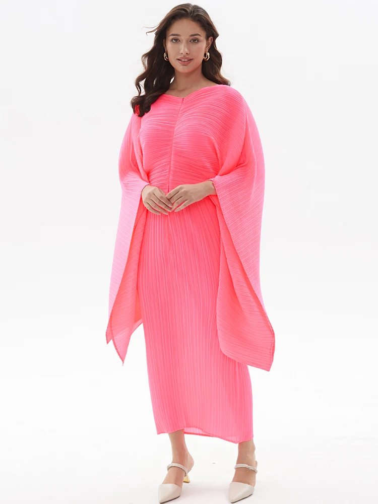 

Miyake Pleated Batwing Sleeve Zipper Dress Women 2023 New Fashion Original Korean Designer Causal Loose Plus Size Evening Dress