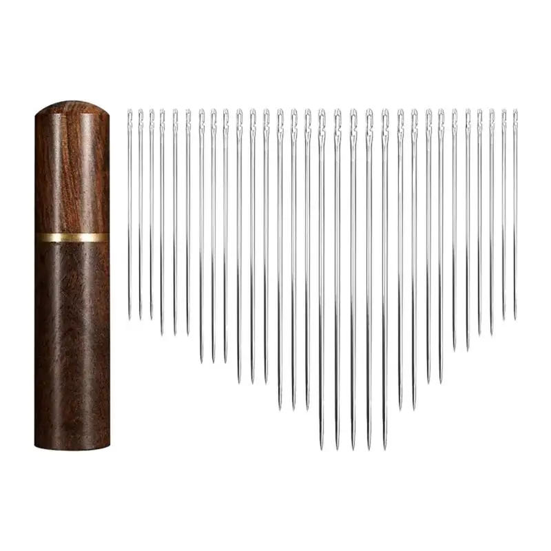 

Self-Threading Needles 30pcs Stainless Steel Needles For Hand Quilting Sewing Elderly Sewing Needles With Wooden Organizer For