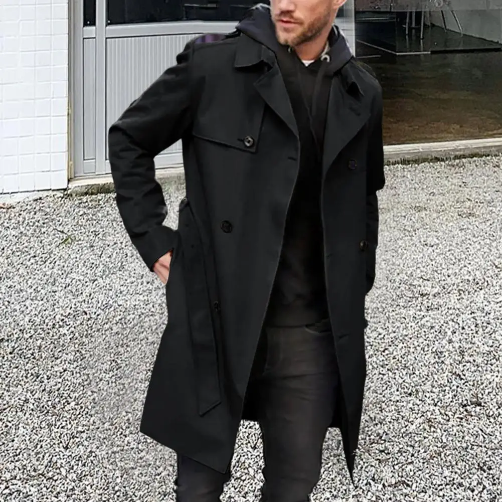 Men Autumn Winter Trench Coat Solid Color Lapel Long Sleeve Windbreaker Double-breasted Pockets Belt Long Coat Streetwear