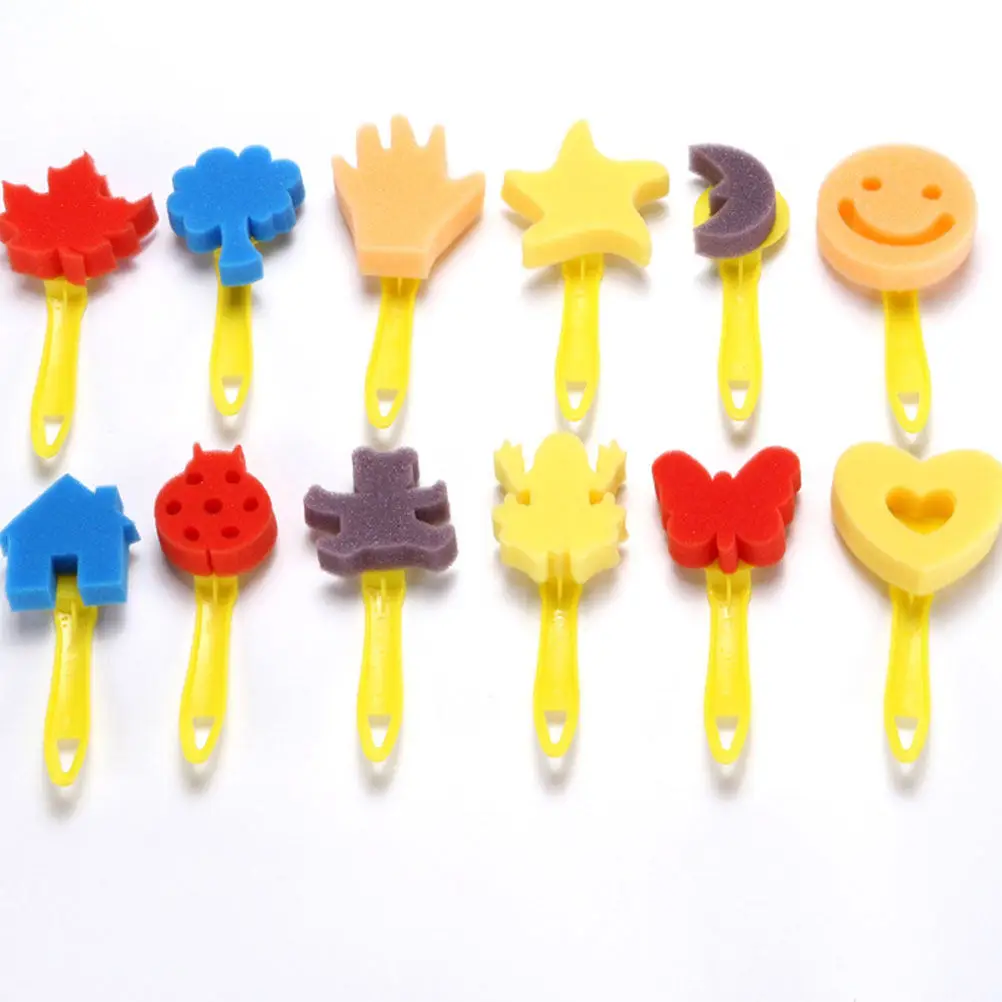 12Pcs 어린이 그림 스폰지 브러쉬 세트 부드러운 플라스틱 손잡이 작은 손 친화적인 미술 도구 교실 생일 선물 패턴