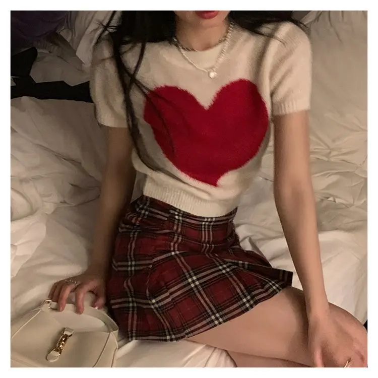 Blusa elegante y juvenil de estilo preppy, blusa de verano para mujer, camiseta de punto dulce, top corto, moda coreana