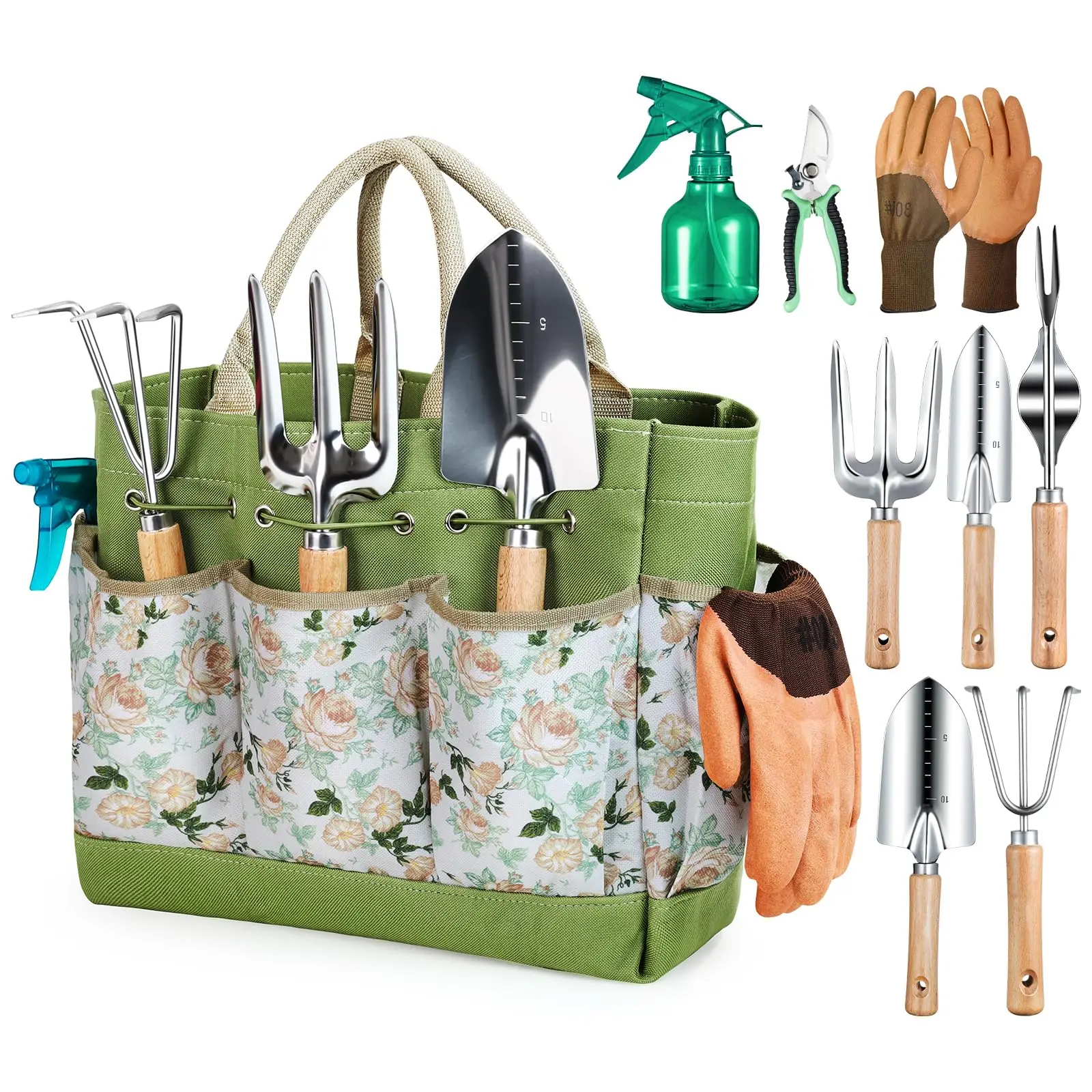 ALLJEET Heavy Duty Stainless Steel Garden Tool Set - 5-Piece With Storage Bag (Pruner, Shears, Trowel, Cultivator, Transplanter)