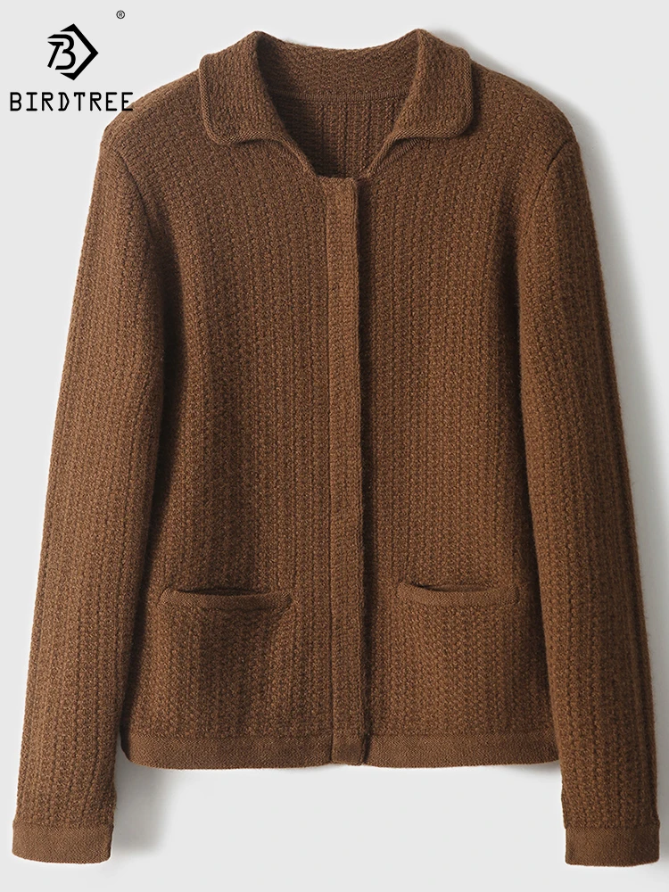 

BirdTree 100%Cashmere Cardigan Sweater,Women Polo Neck Retro Solid,Warm Comfortable Soft Knitwear, 2024 Spring New T42133QD