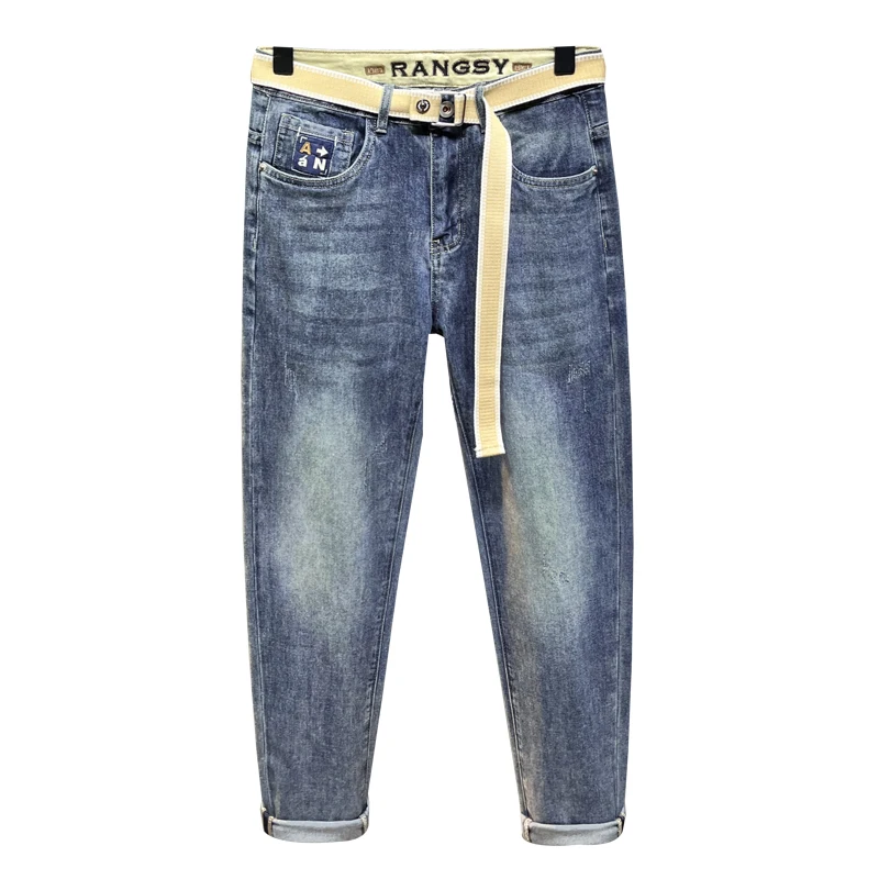 2024 Spring and Summer New Embroidery Jeans Men's Fashion Waist Letters Embroidery Belt Tapered Slim-Fit Pants