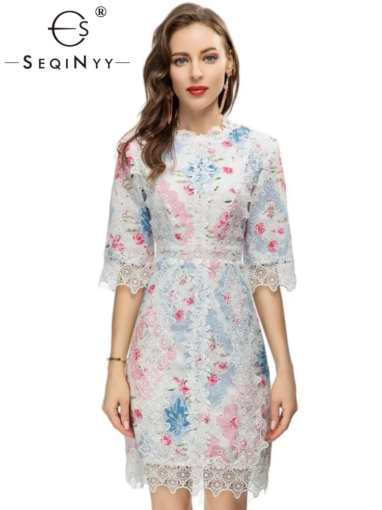 

SEQINYY Slim Mini Dress Summer Spring New Fashion Design Women Runway High Street Vintage Flowers Print White Lace Hollow Out