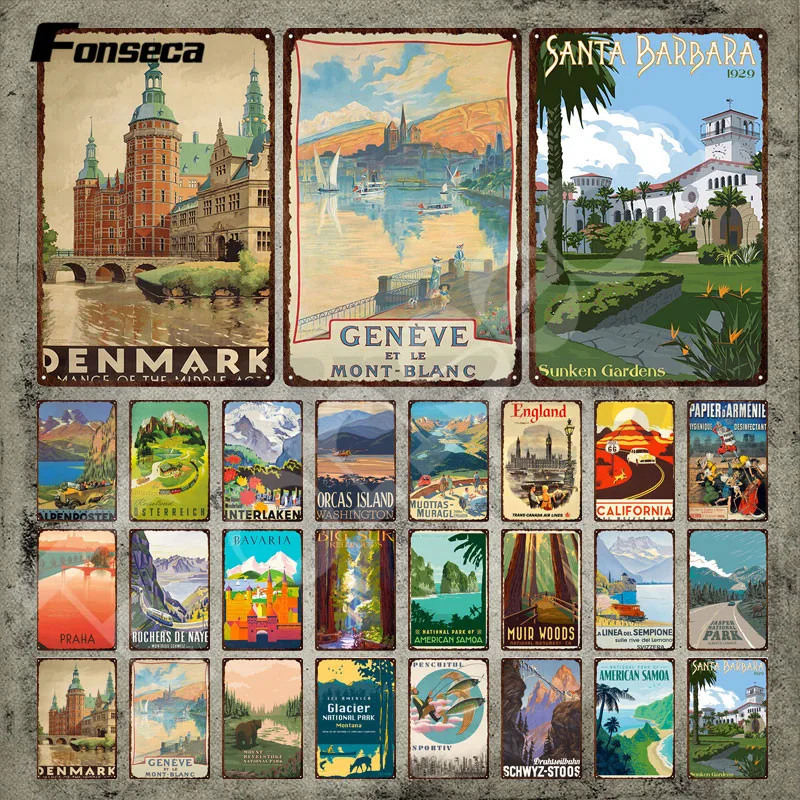 

Country Names Metal Poster Travel Vintage Tin Signs Denmark England and Bavaria Iron Painting Wall Stickers for Home Wall Decor