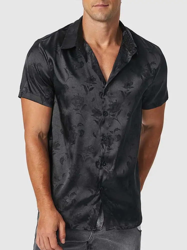 ZAFUL Satin Shirts for Men Jacquard Silky Rose Printed Short Sleeve Shirt Summer Streetwear Loose Essential Tops Z5022014