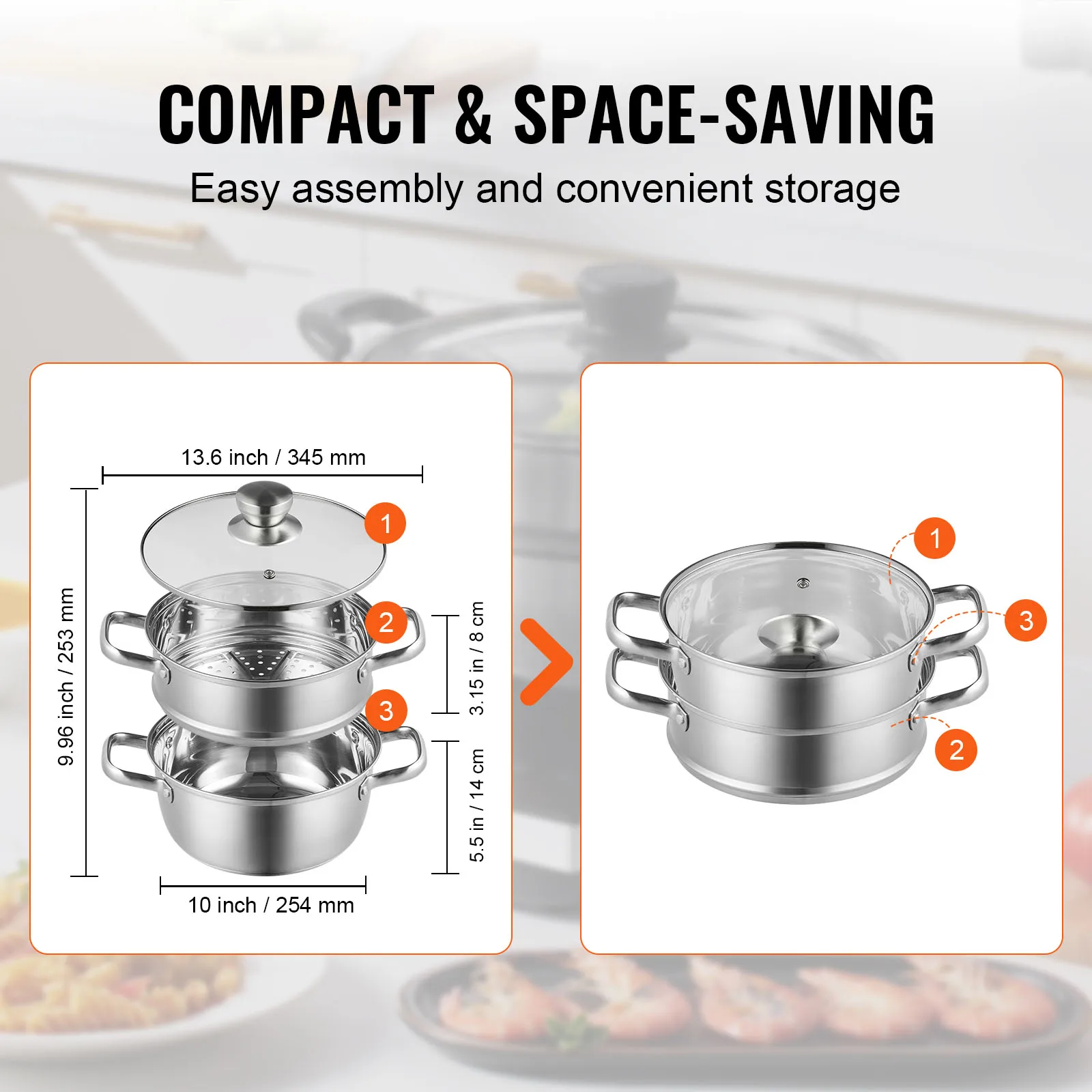 VEVOR Steamer Pot 9.5in/24cm Steamer Pot for Cooking with 5QT Stock and Food-Grade 304 Stainless Steel Food