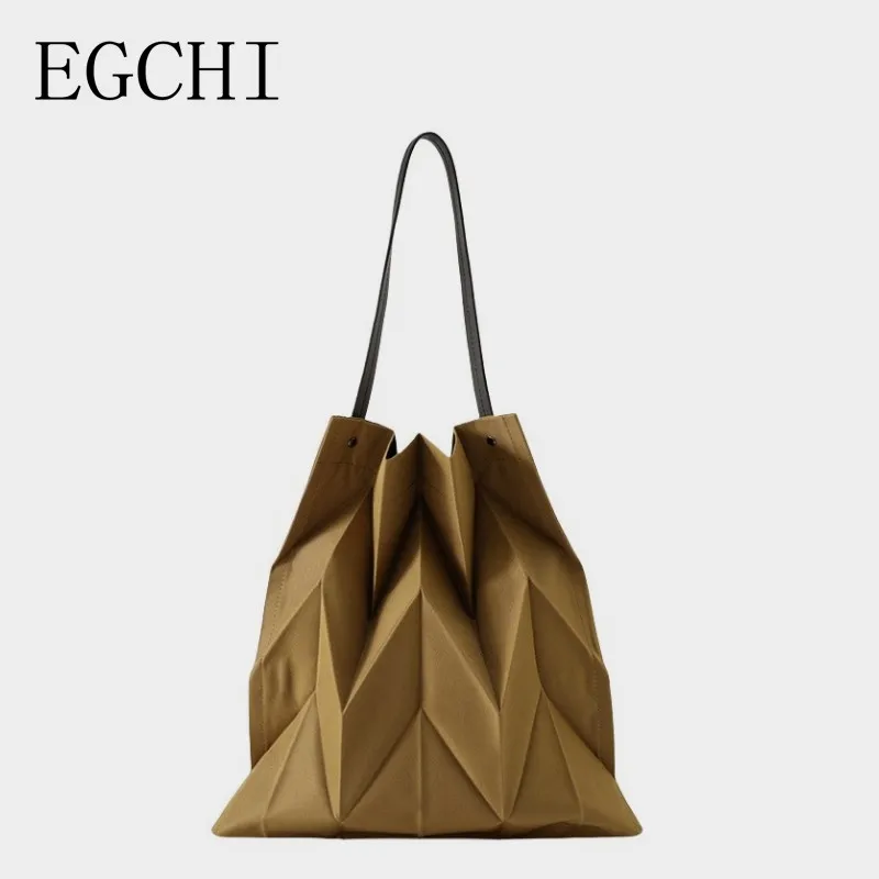 

EGCHI Fashion Women's Geometric Pleated Bags Korean Style Canvas Large Capacity Shoulder Bag Ladies Shopping Bag Female Tote Bag