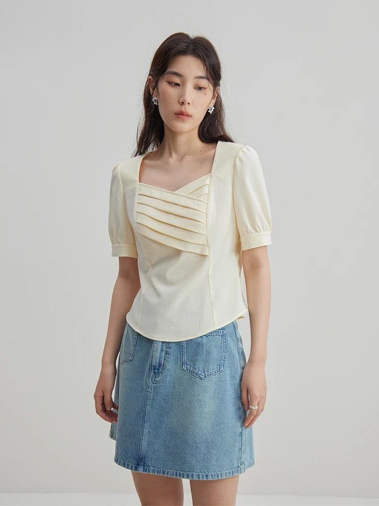 DUSHU Women's French Design Feeling Pleated Chiffon Shirt Women's Summer 2024 New Slim Versatile Women Beige Shirt 24DS82066 dushu women elegant v neck jacquard suspender skirt 2024 spring new black temperament pleated design long mid calf female skirts