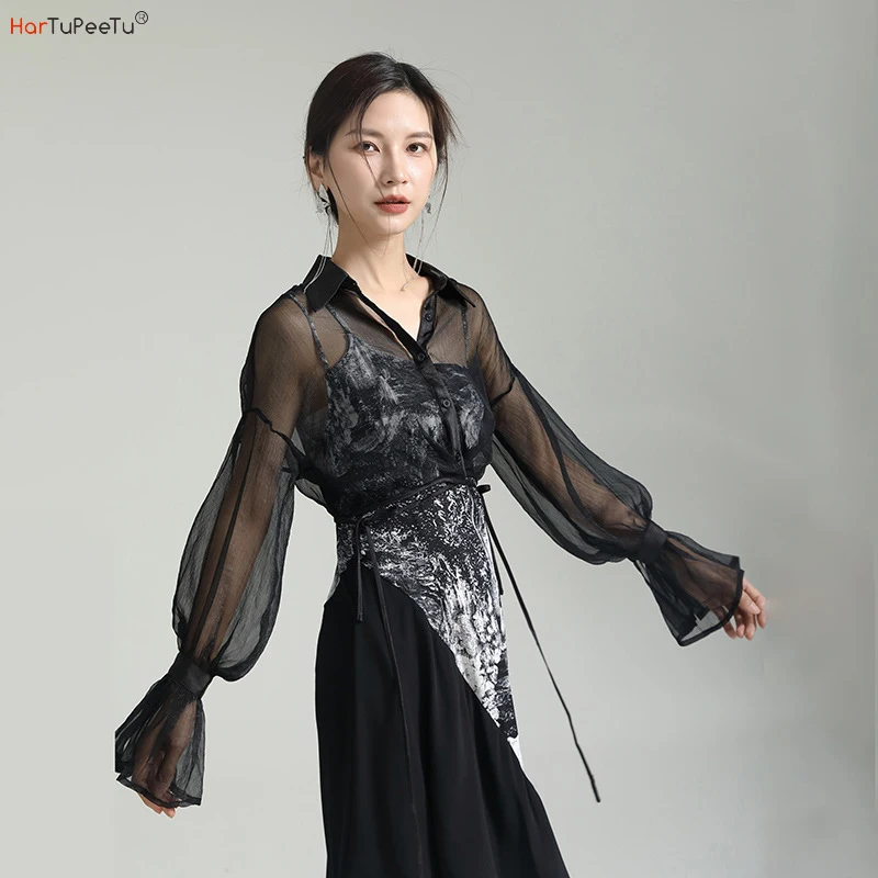 Black Tulle Beach Cover Ups Women Summer 2023 Crop Top Bandage Tunic Waist Shirts Flare Sleeve Single-breasted Outside Cardigan