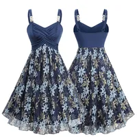 ROSEGAL Plus Size Two Tone Flower Lace Crossover Cami Dresses Women's Casual Floral Print Halter Neck Knee-Length A-Line Dress